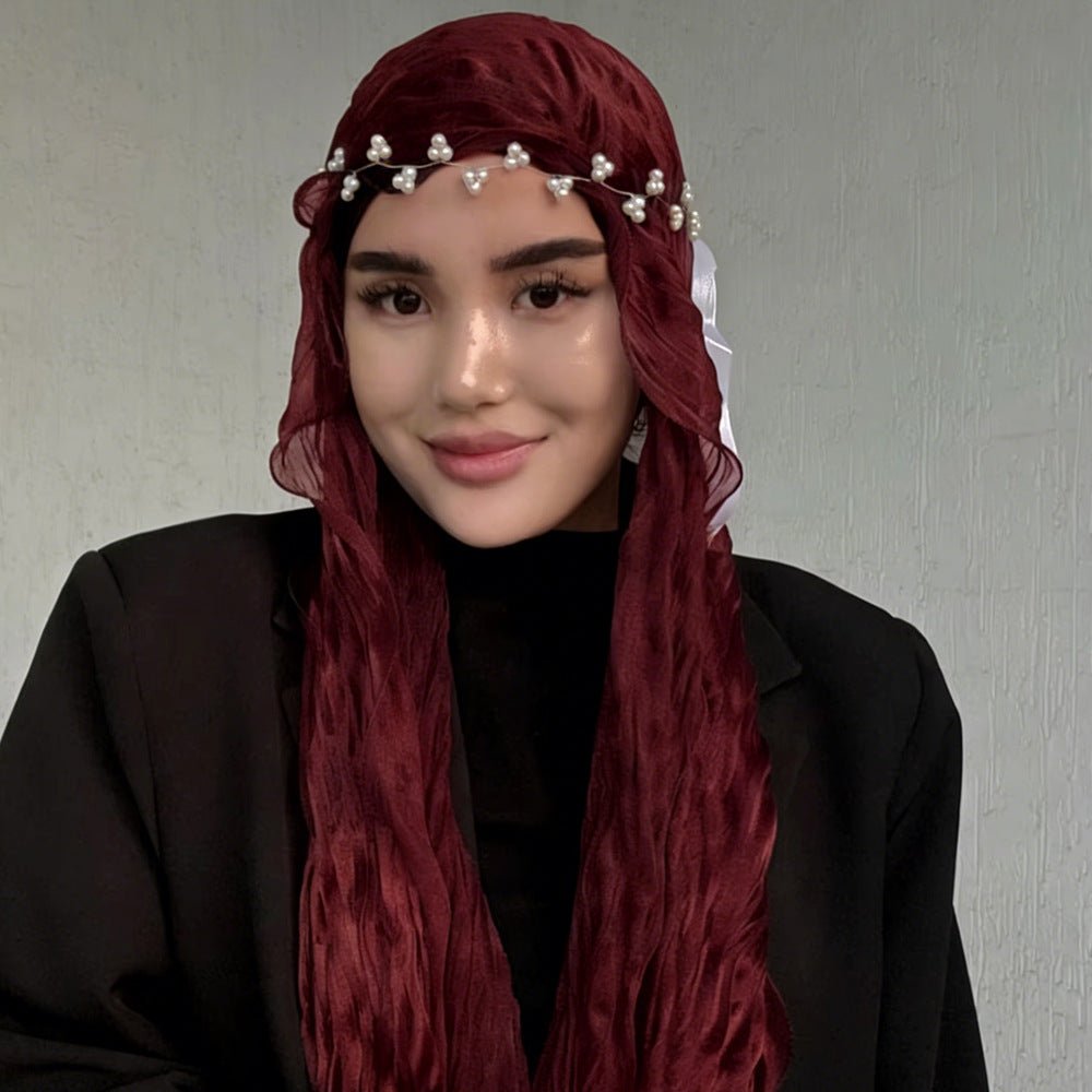 RY311 Deep Burgundy Crinkled Tulle Hijab Scarf – Glossy Stretch Breathable Headscarf - Raya