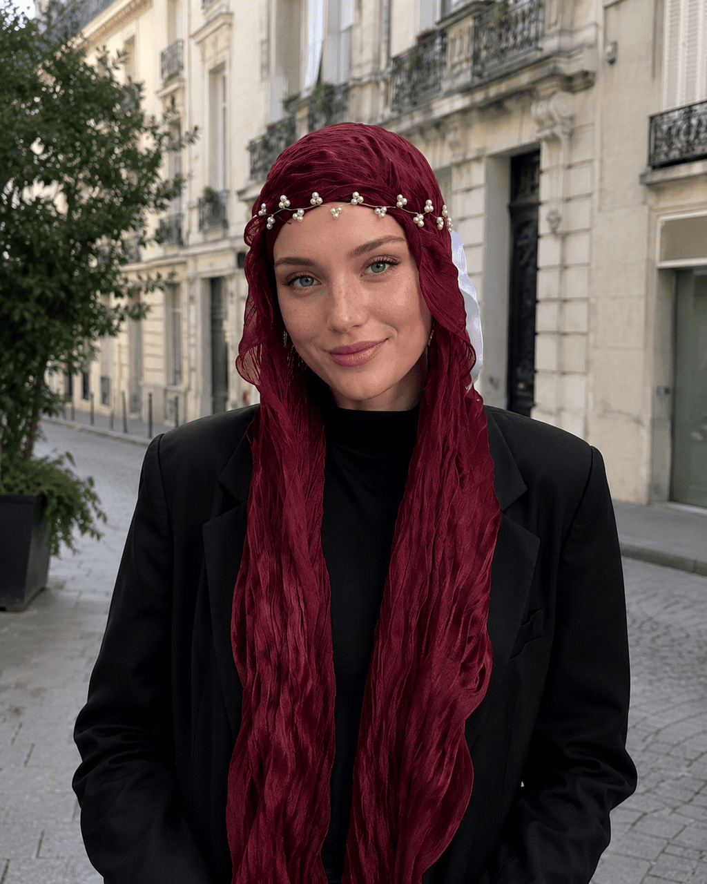 RY311 Deep Burgundy Crinkled Tulle Hijab Scarf – Glossy Stretch Breathable Headscarf - Raya