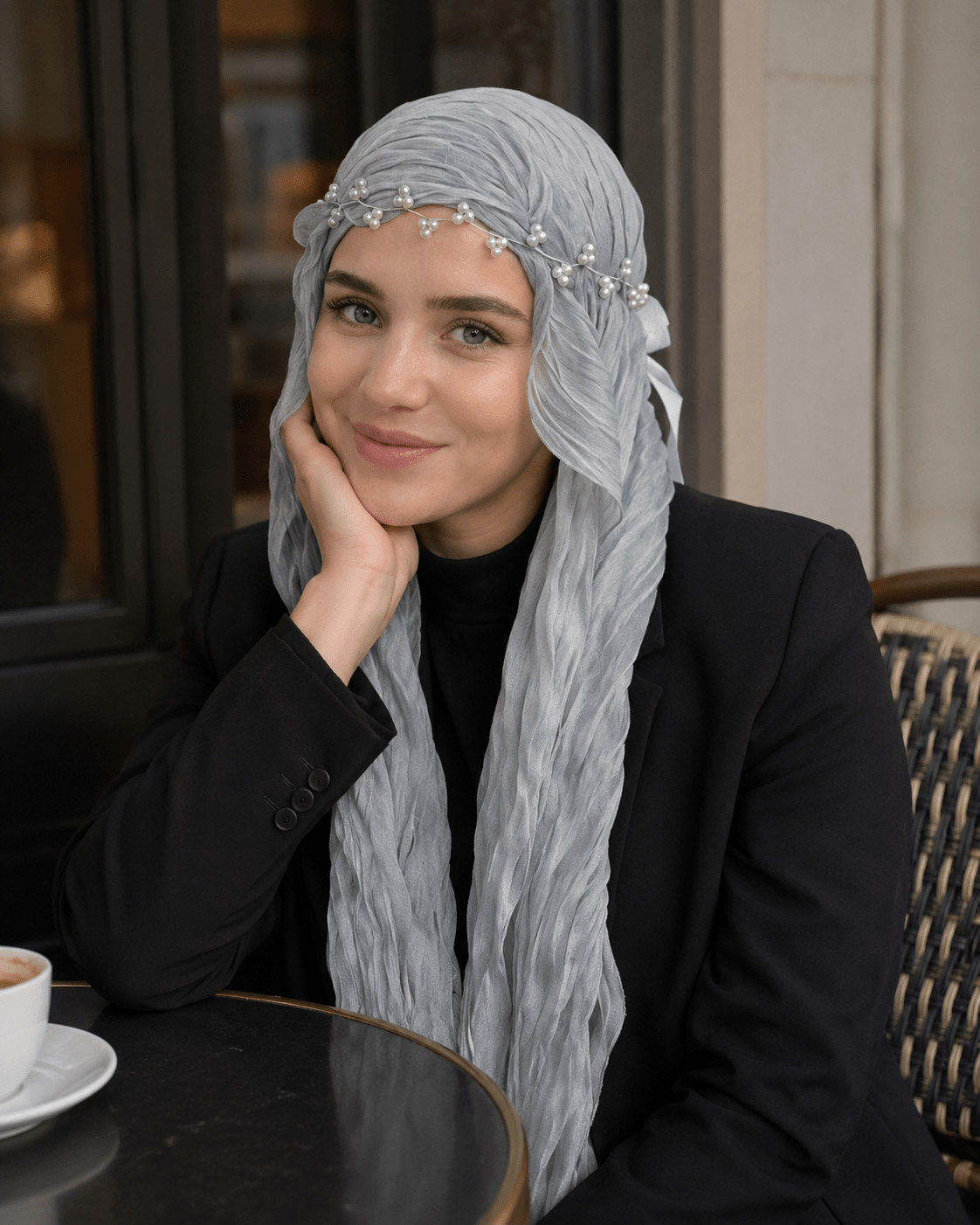 RY312 Light Gray Crinkled Tulle Hijab Scarf – Glossy Stretch Breathable Headscarf - Raya