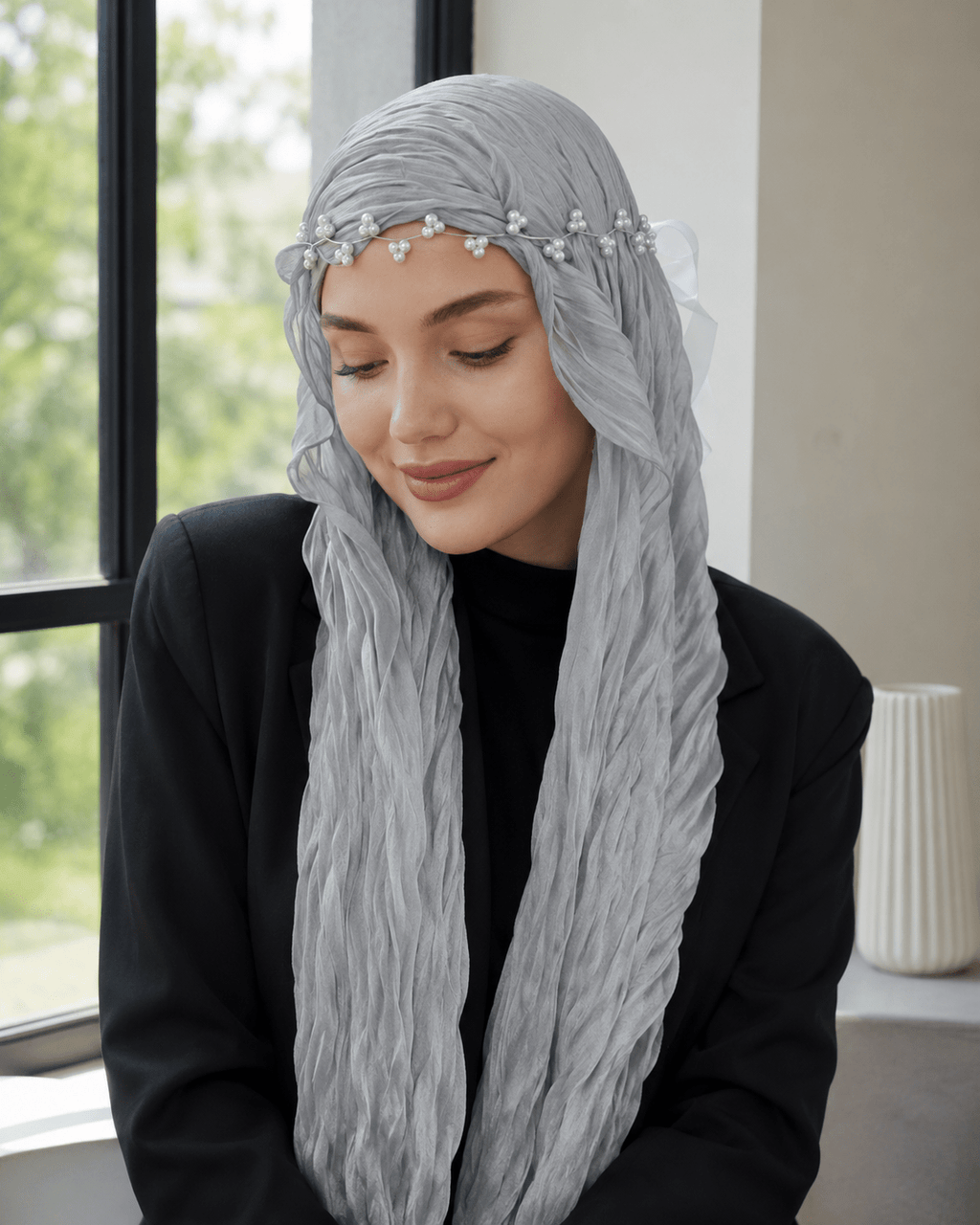 RY312 Light Gray Crinkled Tulle Hijab Scarf – Glossy Stretch Breathable Headscarf - Raya