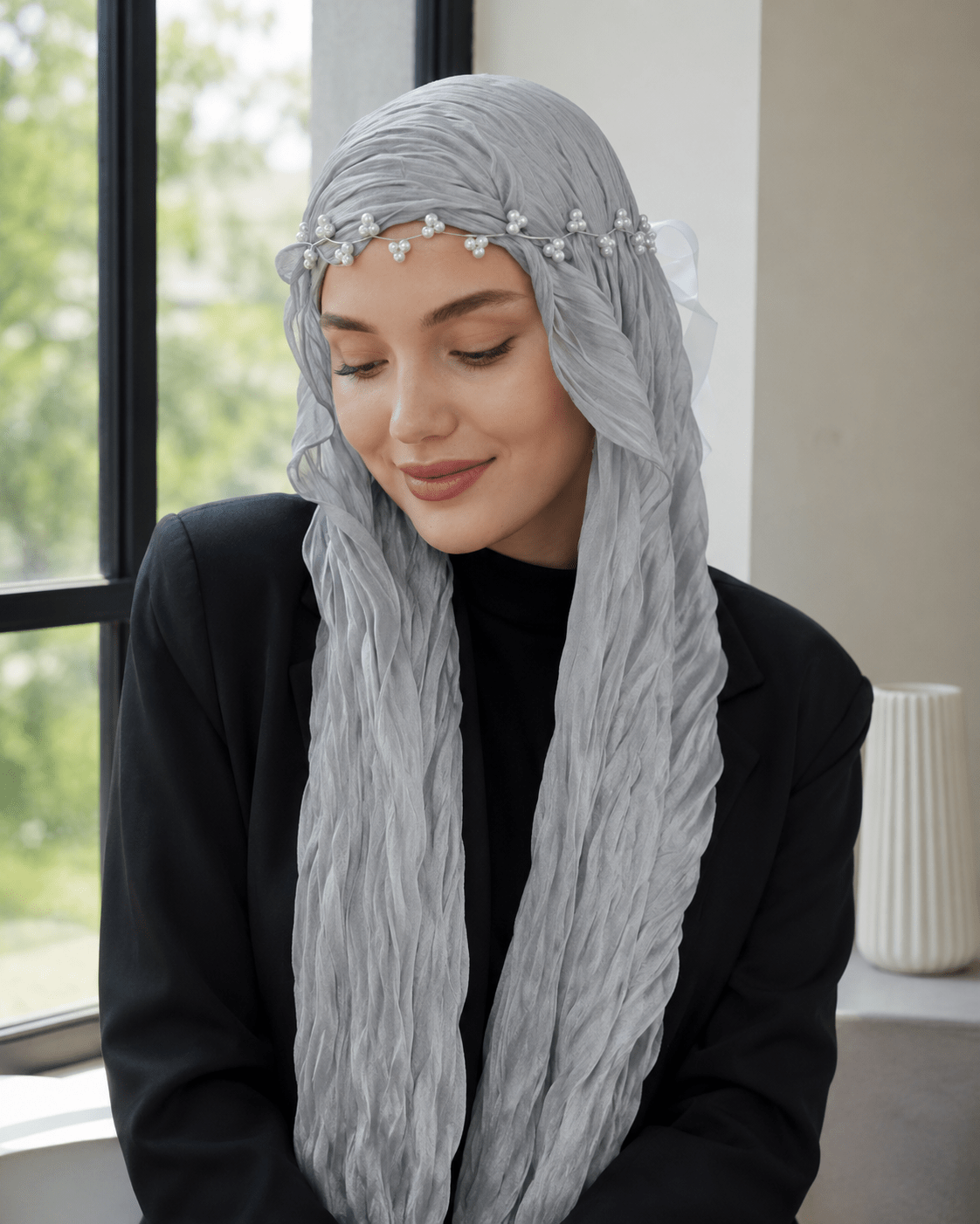 RY312 Light Gray Crinkled Tulle Hijab Scarf – Glossy Stretch Breathable Headscarf - Raya
