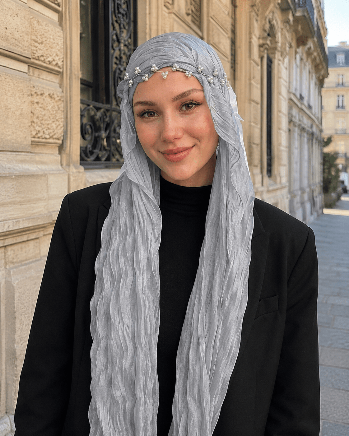 RY312 Light Gray Crinkled Tulle Hijab Scarf – Glossy Stretch Breathable Headscarf - Raya
