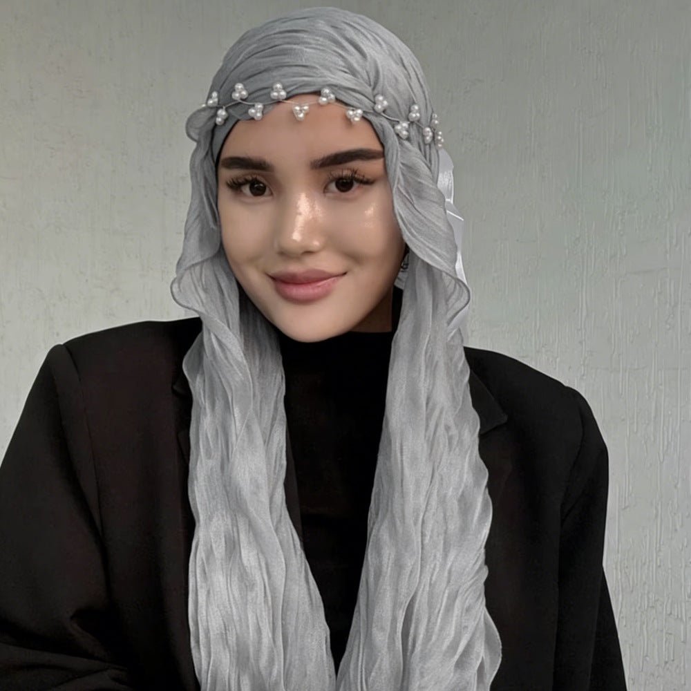 RY312 Light Gray Crinkled Tulle Hijab Scarf – Glossy Stretch Breathable Headscarf - Raya