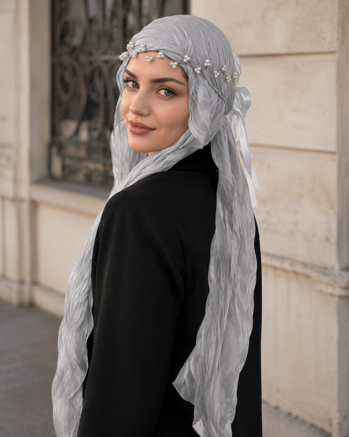 RY312 Light Gray Crinkled Tulle Hijab Scarf – Glossy Stretch Breathable Headscarf - Raya