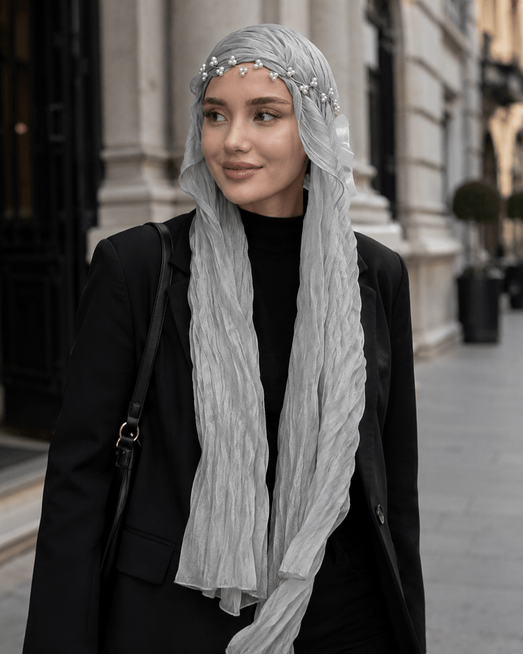 RY312 Light Gray Crinkled Tulle Hijab Scarf – Glossy Stretch Breathable Headscarf - Raya