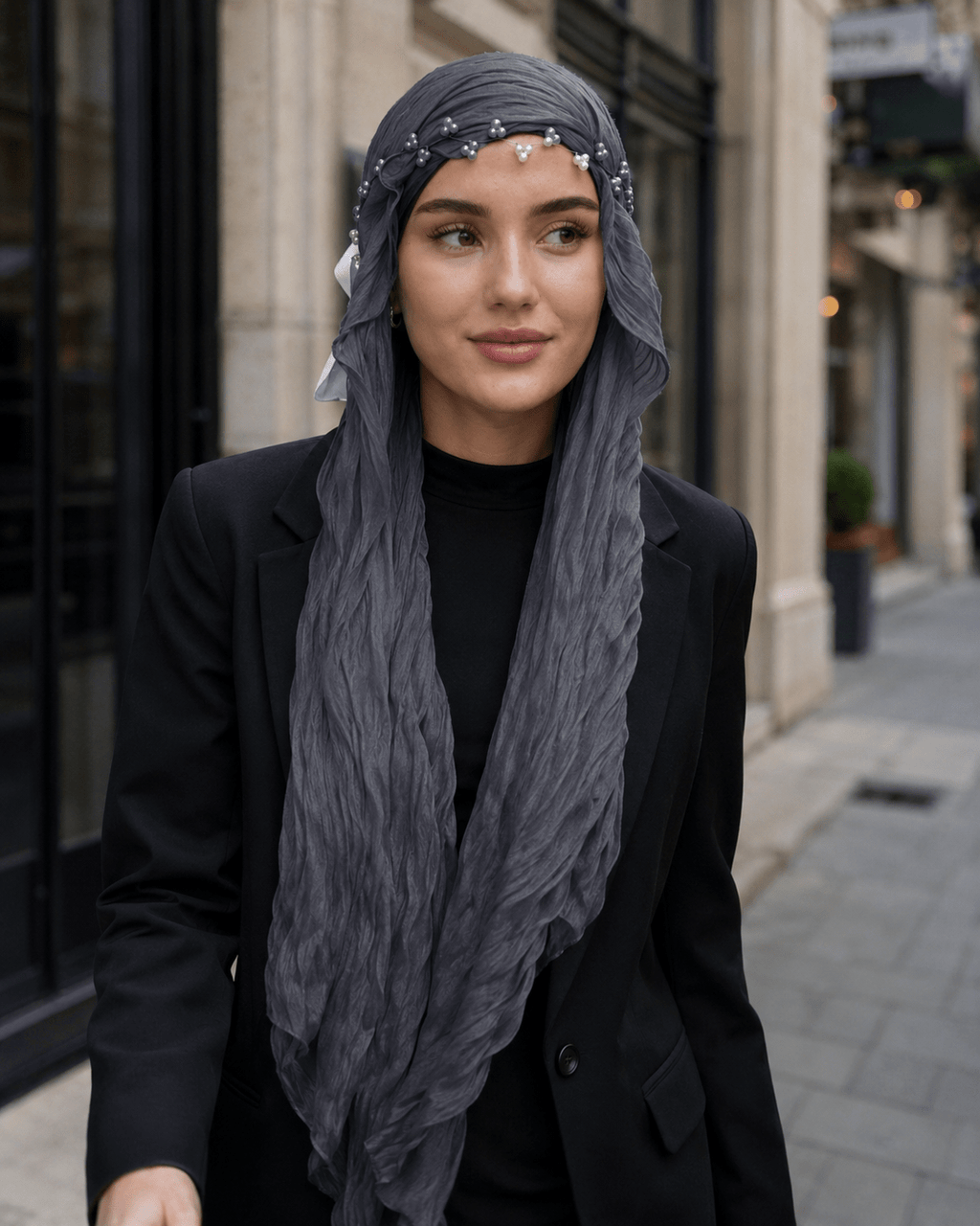 RY313 Dark Gray Crinkled Tulle Hijab Scarf – Glossy Stretch Breathable Headscarf - Raya