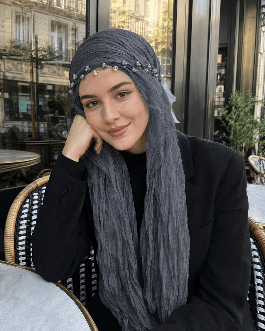 RY313 Dark Gray Crinkled Tulle Hijab Scarf – Glossy Stretch Breathable Headscarf - Raya