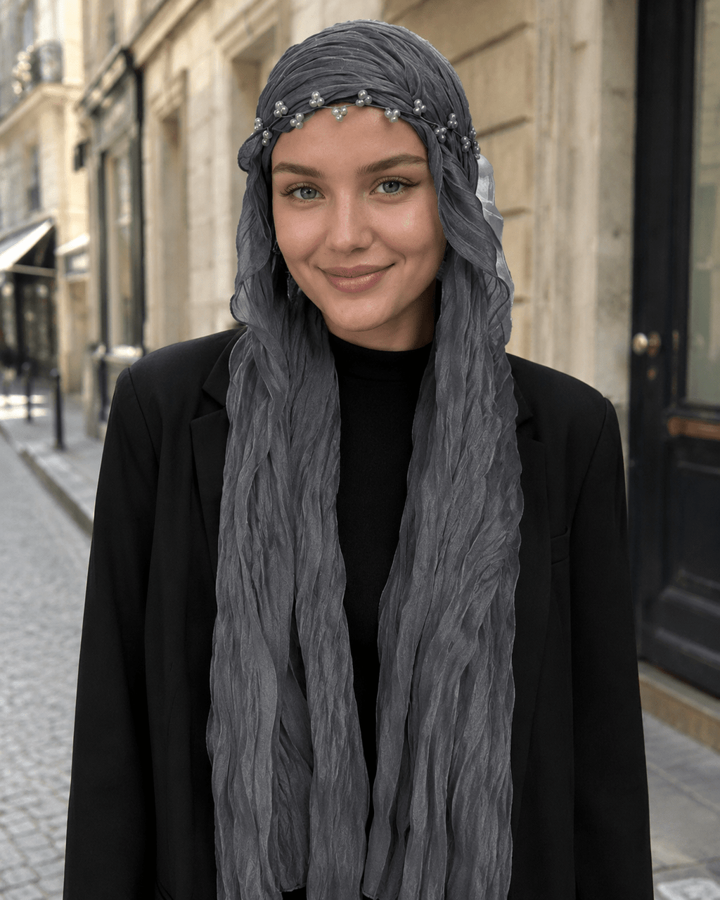 RY313 Dark Gray Crinkled Tulle Hijab Scarf – Glossy Stretch Breathable Headscarf - Raya