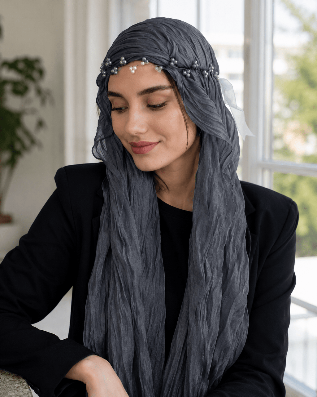 RY313 Dark Gray Crinkled Tulle Hijab Scarf – Glossy Stretch Breathable Headscarf - Raya