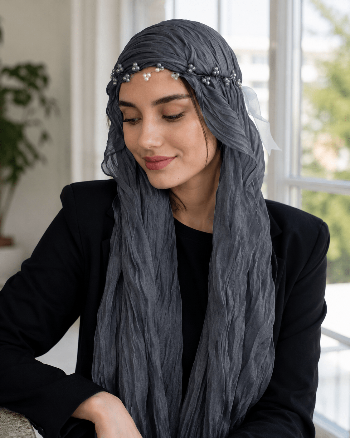 RY313 Dark Gray Crinkled Tulle Hijab Scarf – Glossy Stretch Breathable Headscarf - Raya