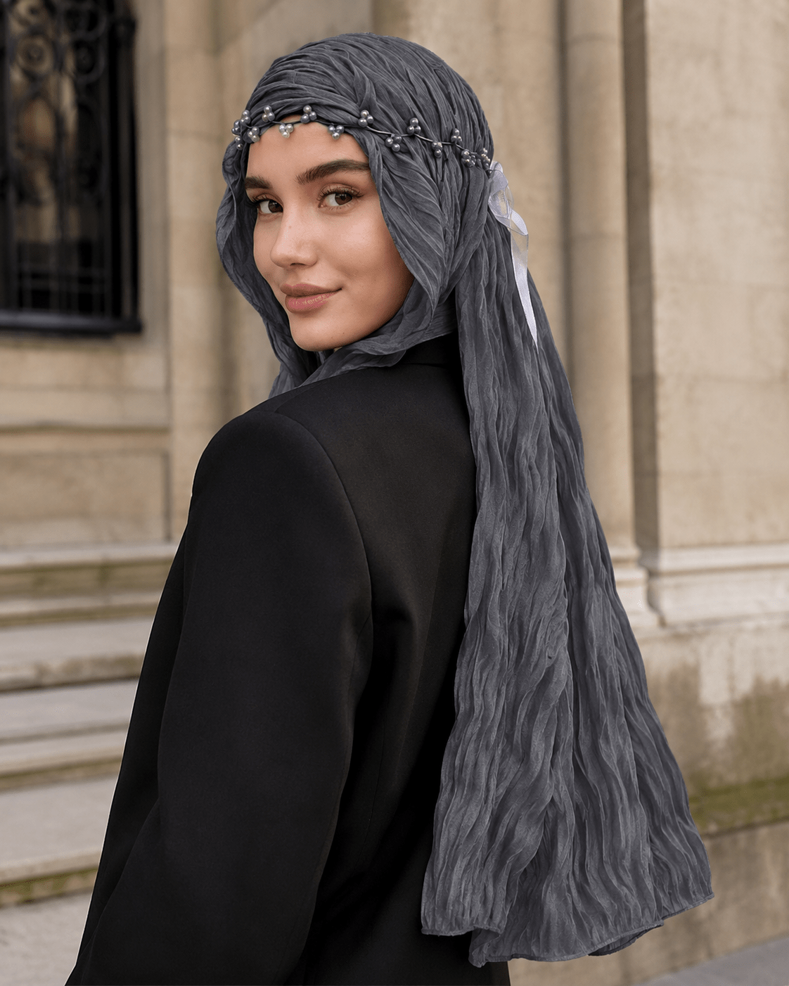 RY313 Dark Gray Crinkled Tulle Hijab Scarf – Glossy Stretch Breathable Headscarf - Raya