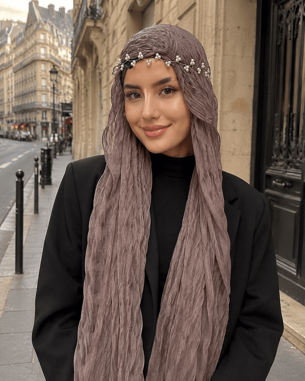 RY314 Nude Pink Crinkled Tulle Hijab Scarf – Glossy Stretch Breathable Headscarf - Raya