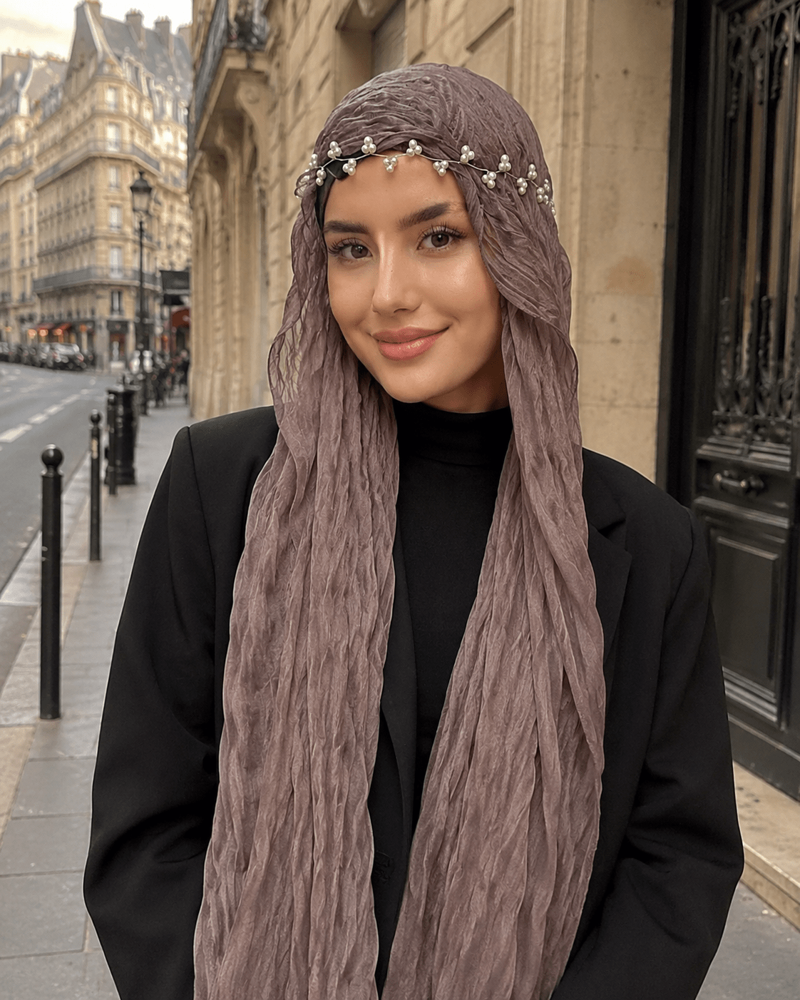 RY314 Nude Pink Crinkled Tulle Hijab Scarf – Glossy Stretch Breathable Headscarf - Raya