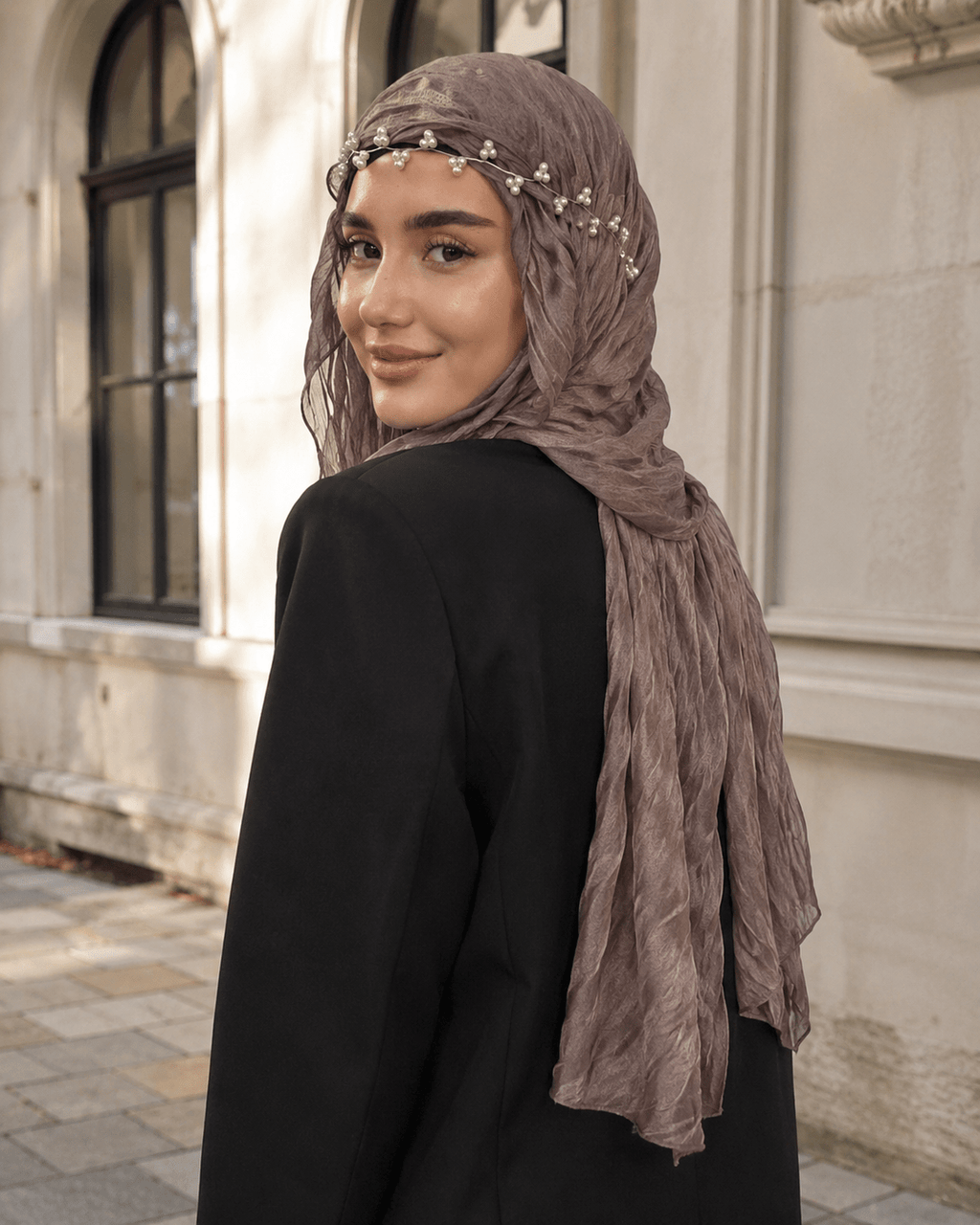 RY314 Nude Pink Crinkled Tulle Hijab Scarf – Glossy Stretch Breathable Headscarf - Raya