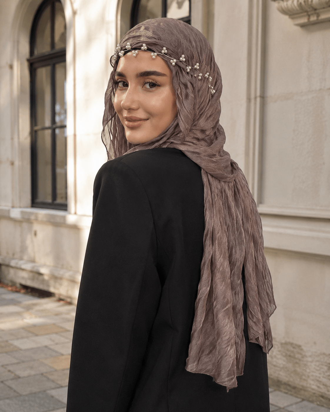 RY314 Nude Pink Crinkled Tulle Hijab Scarf – Glossy Stretch Breathable Headscarf - Raya