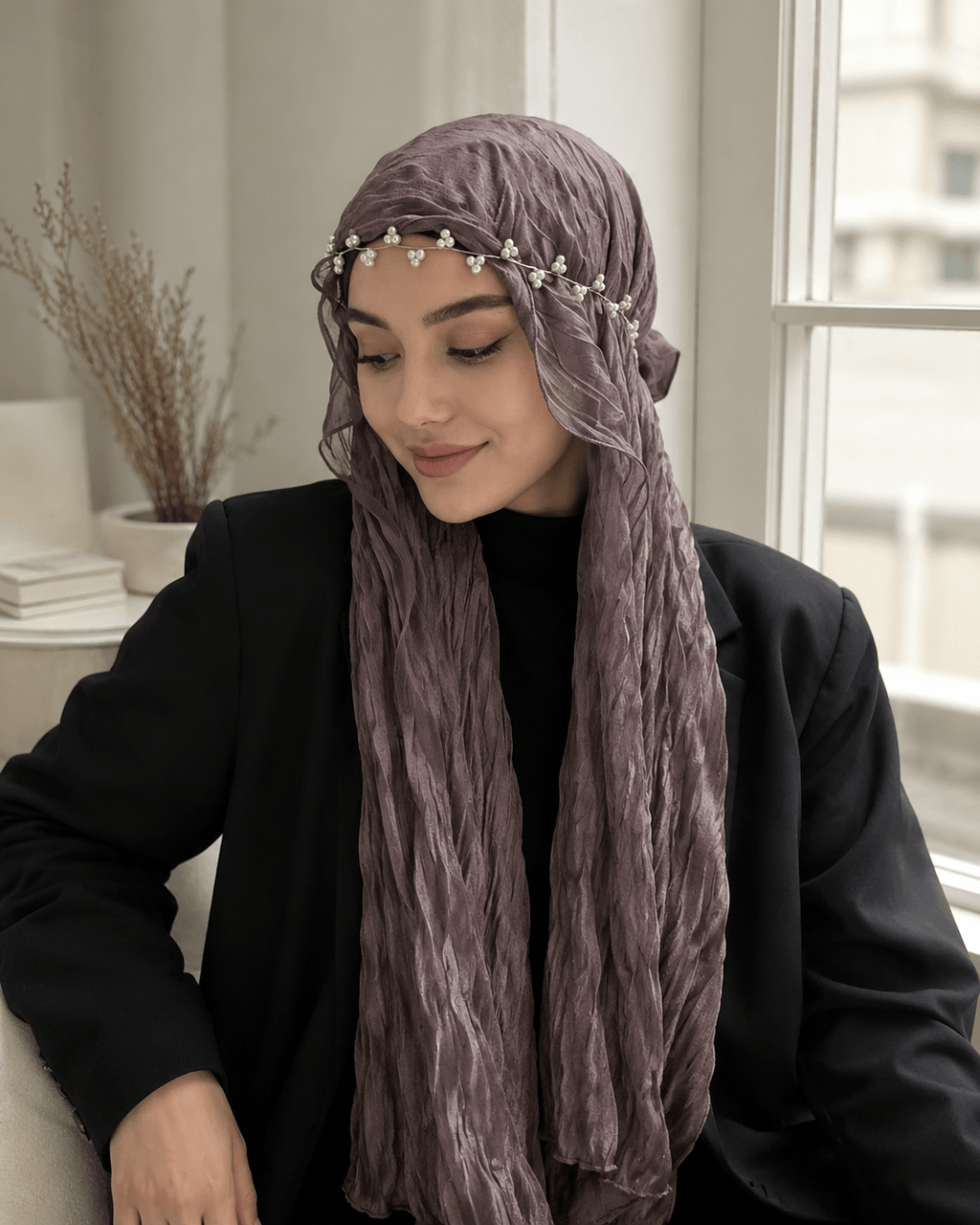 RY314 Nude Pink Crinkled Tulle Hijab Scarf – Glossy Stretch Breathable Headscarf - Raya