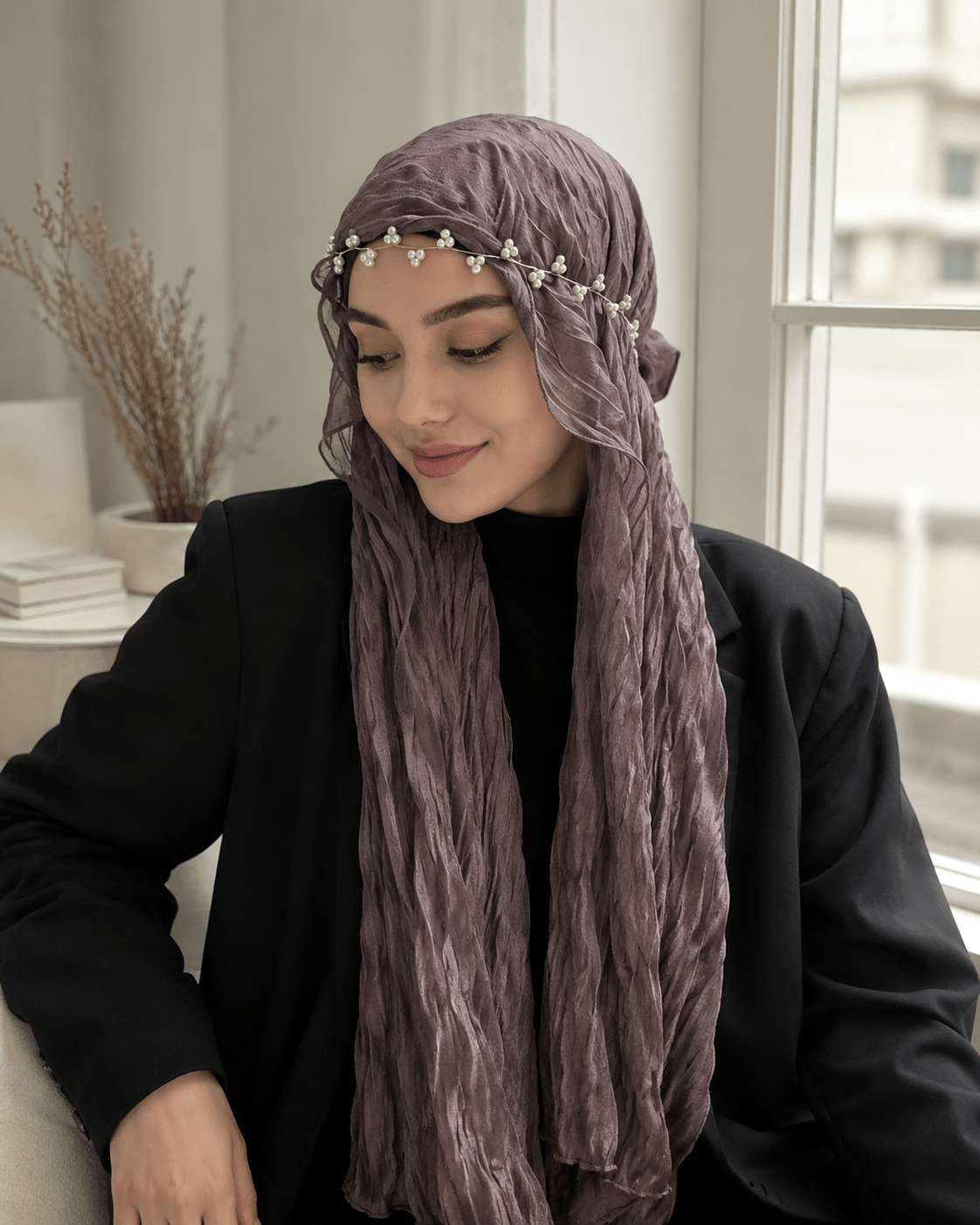 RY314 Nude Pink Crinkled Tulle Hijab Scarf – Glossy Stretch Breathable Headscarf - Raya
