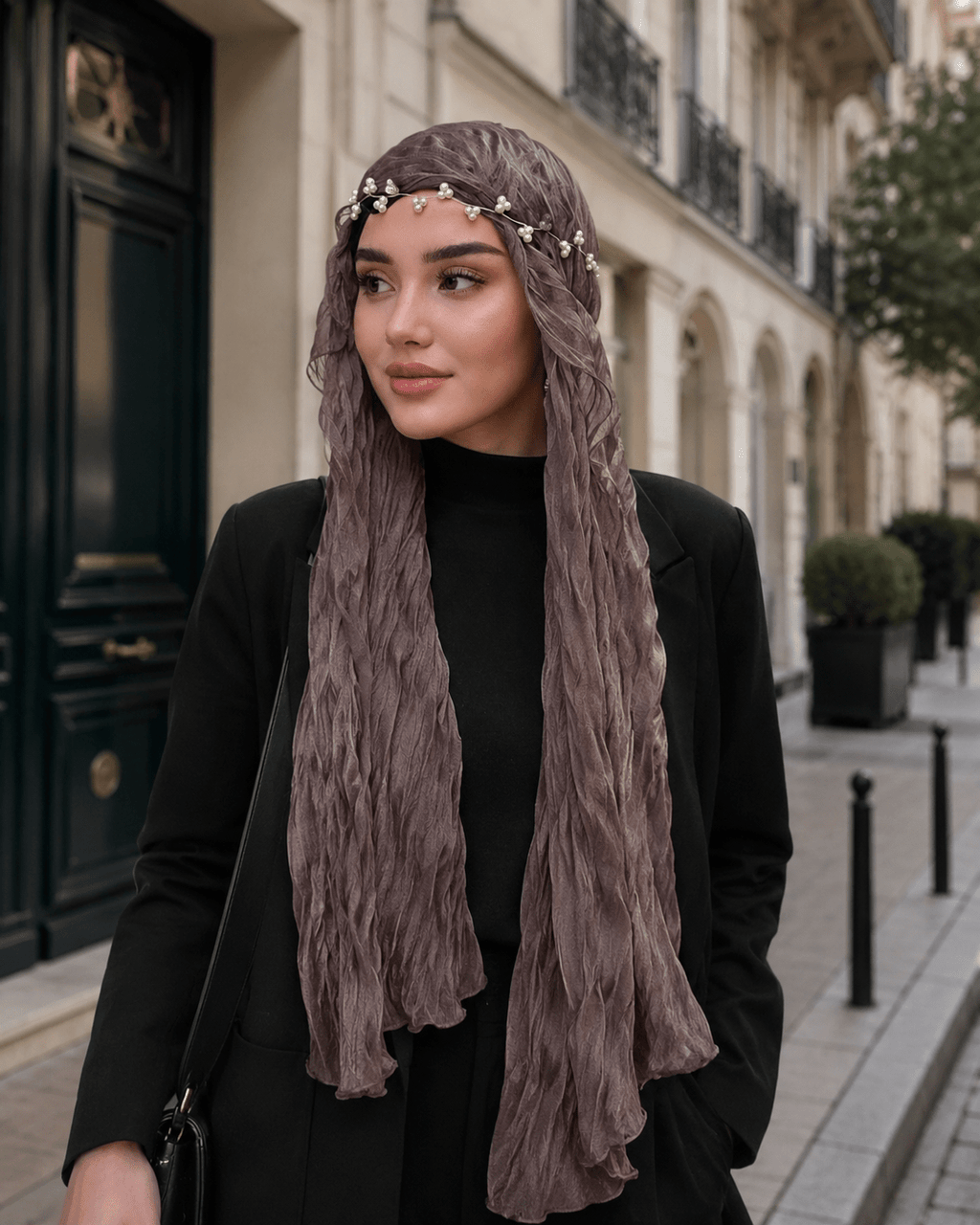 RY314 Nude Pink Crinkled Tulle Hijab Scarf – Glossy Stretch Breathable Headscarf - Raya