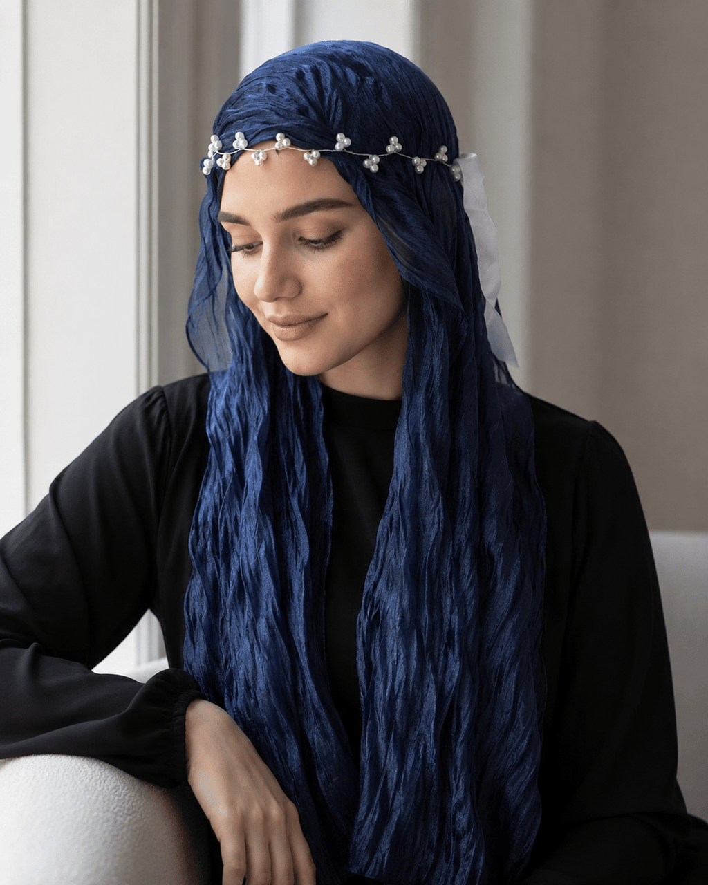 RY315 Navy Blue Crinkled Tulle Hijab Scarf – Glossy Stretch Breathable Headscarf - Raya