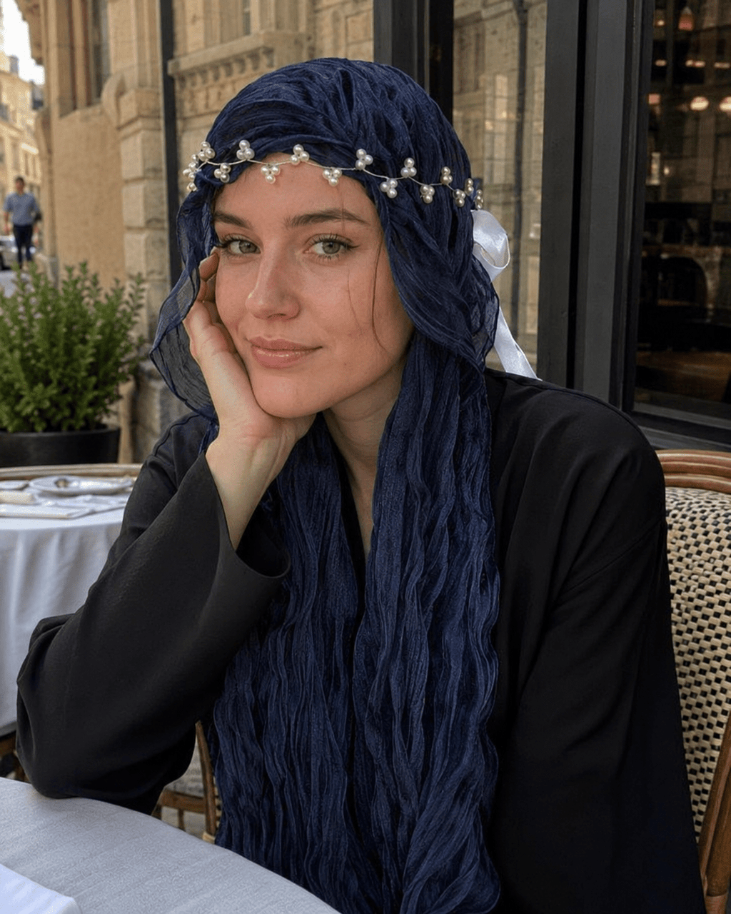 RY315 Navy Blue Crinkled Tulle Hijab Scarf – Glossy Stretch Breathable Headscarf - Raya