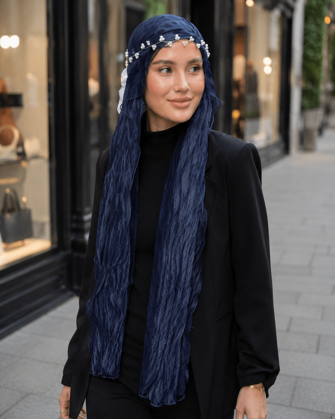 RY315 Navy Blue Crinkled Tulle Hijab Scarf – Glossy Stretch Breathable Headscarf - Raya