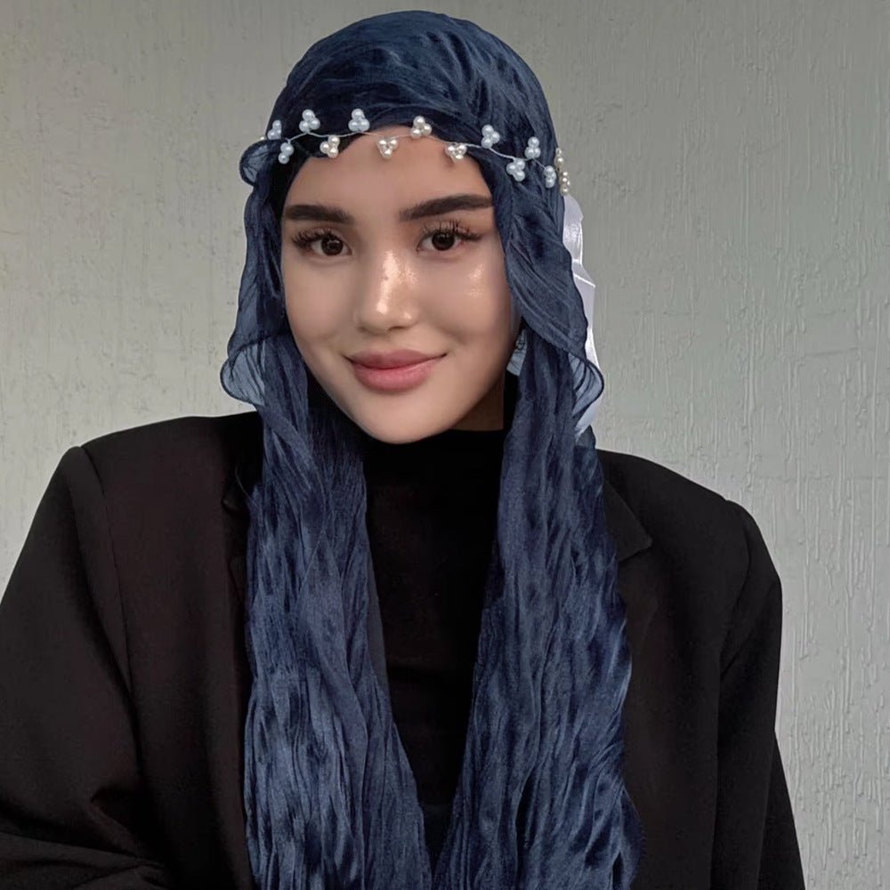 RY315 Navy Blue Crinkled Tulle Hijab Scarf – Glossy Stretch Breathable Headscarf - Raya