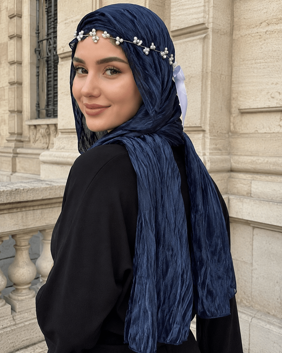 RY315 Navy Blue Crinkled Tulle Hijab Scarf – Glossy Stretch Breathable Headscarf - Raya