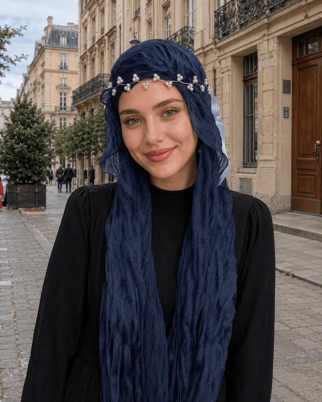RY315 Navy Blue Crinkled Tulle Hijab Scarf – Glossy Stretch Breathable Headscarf - Raya