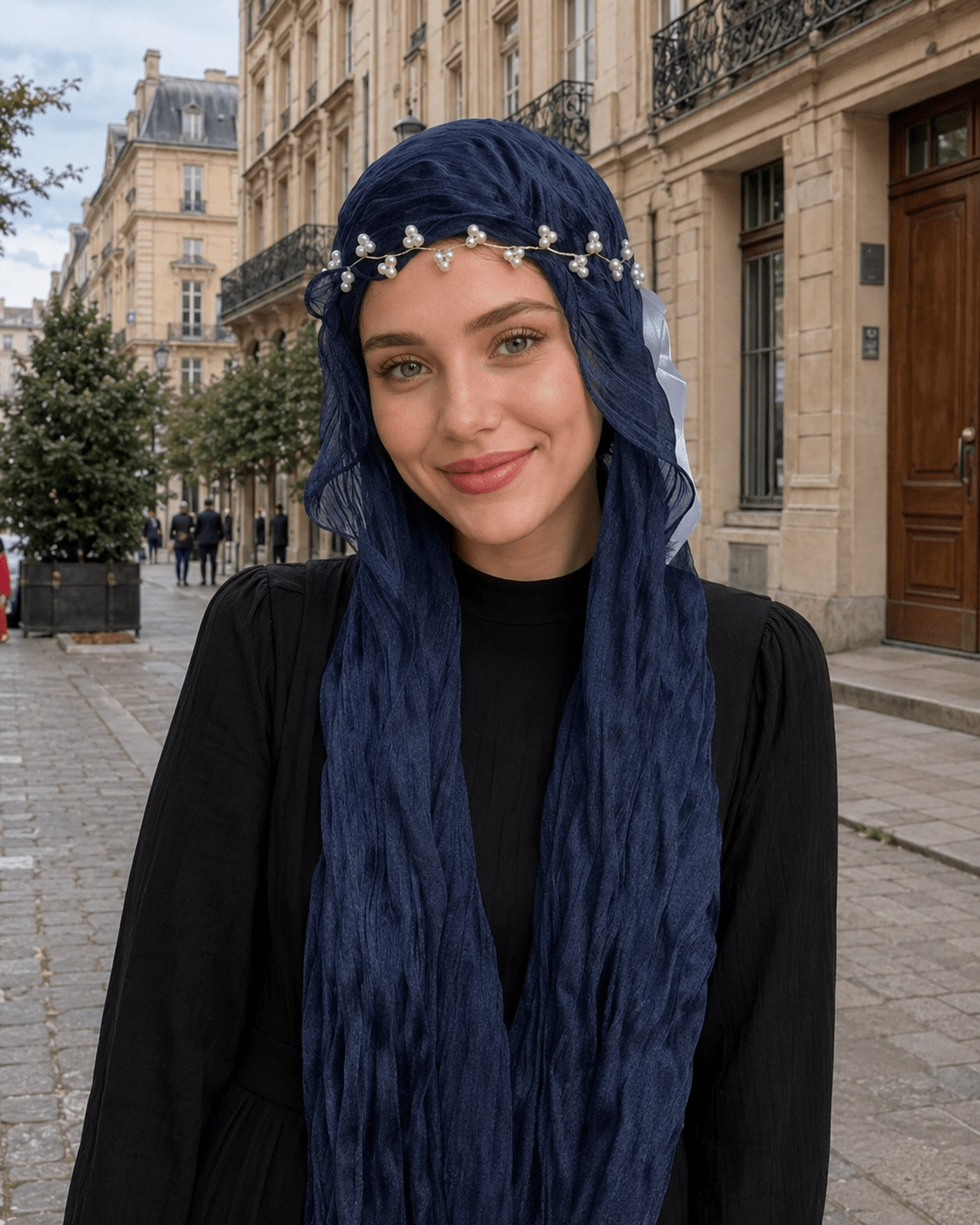 RY315 Navy Blue Crinkled Tulle Hijab Scarf – Glossy Stretch Breathable Headscarf - Raya