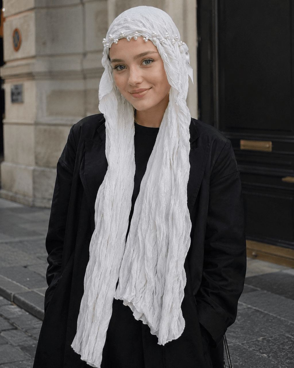 RY316 Cream White Crinkled Tulle Hijab Scarf – Glossy Stretch Breathable Headscarf - Raya