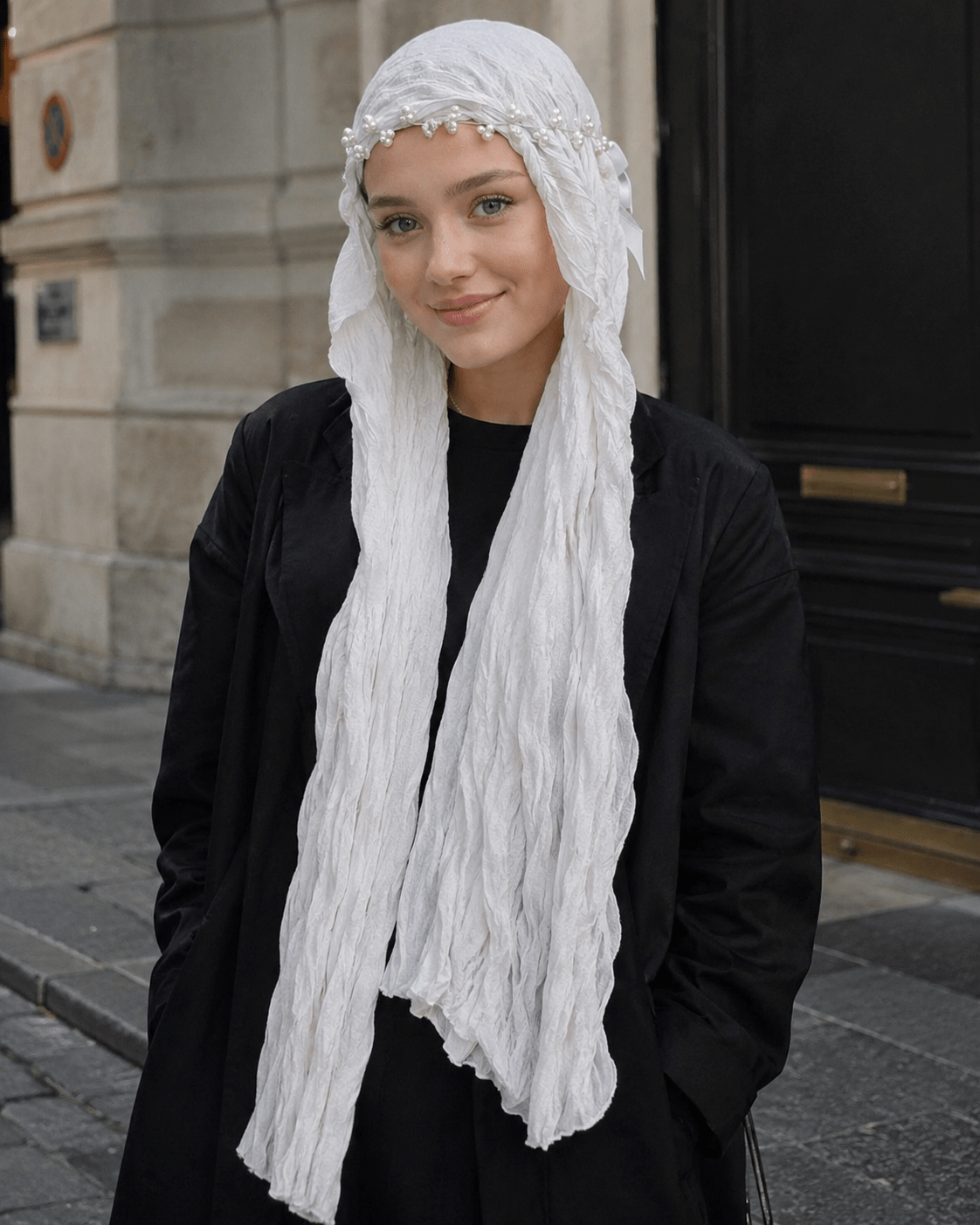 RY316 Cream White Crinkled Tulle Hijab Scarf – Glossy Stretch Breathable Headscarf - Raya