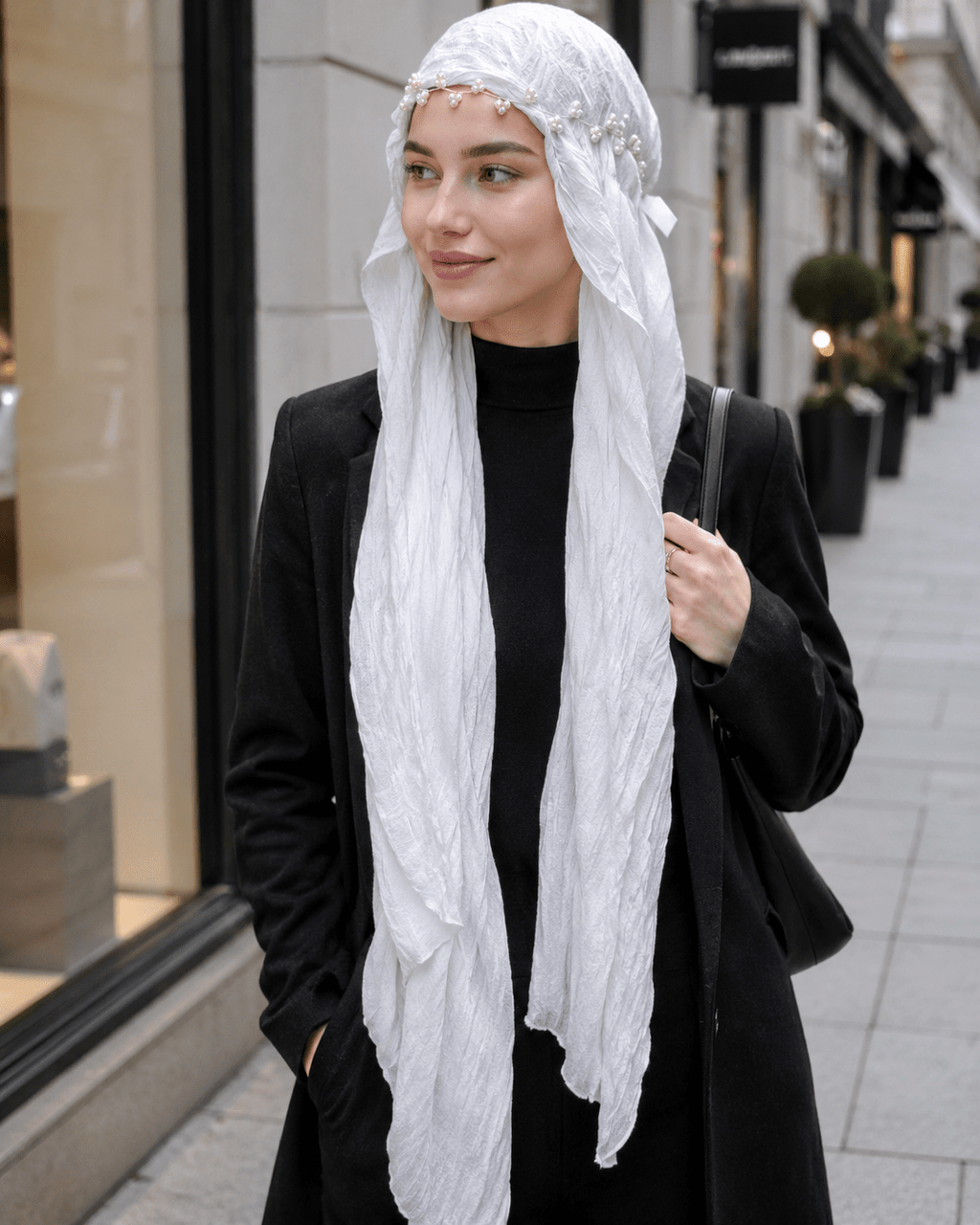 RY316 Cream White Crinkled Tulle Hijab Scarf – Glossy Stretch Breathable Headscarf - Raya