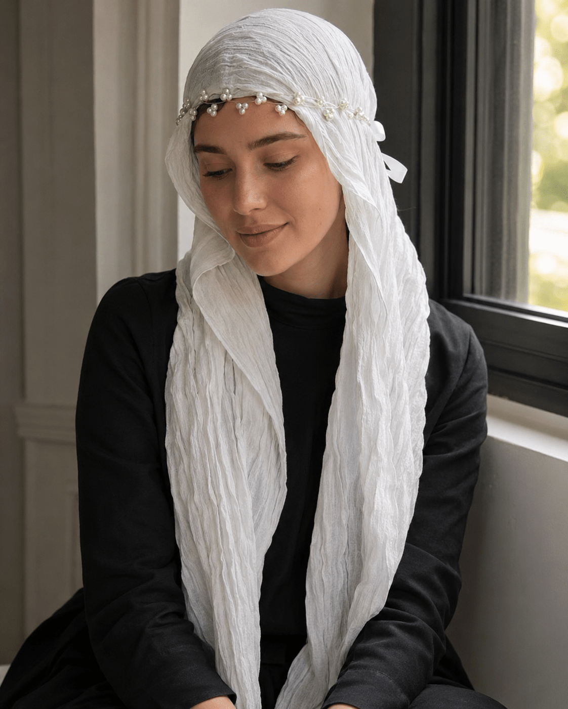 RY316 Cream White Crinkled Tulle Hijab Scarf – Glossy Stretch Breathable Headscarf - Raya