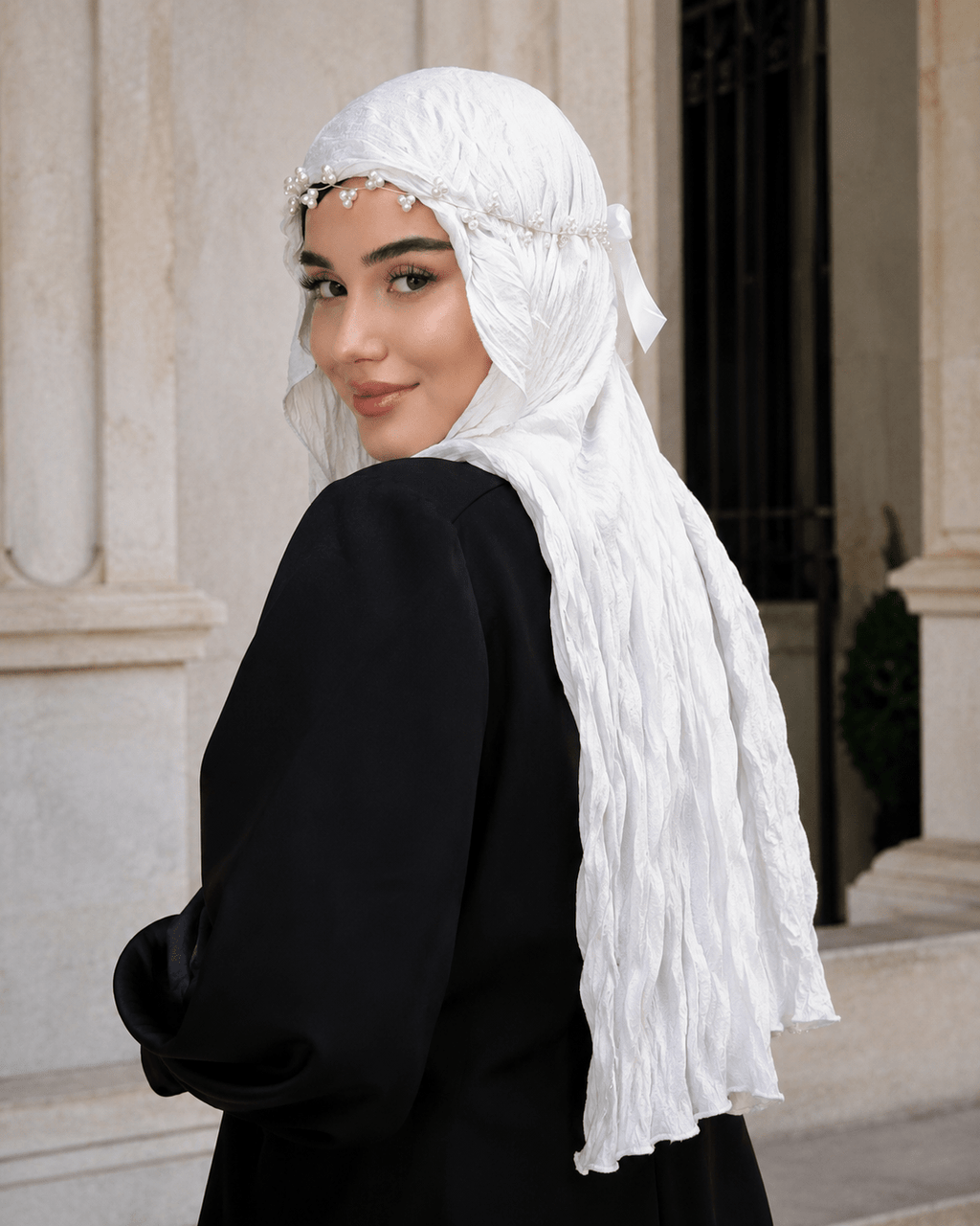 RY316 Cream White Crinkled Tulle Hijab Scarf – Glossy Stretch Breathable Headscarf - Raya