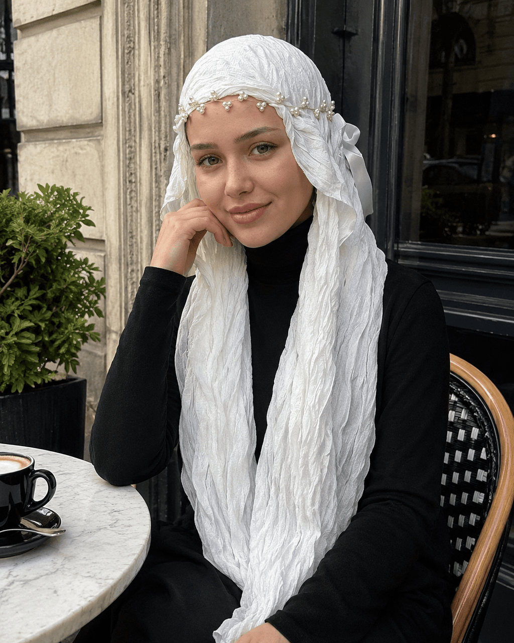 RY316 Cream White Crinkled Tulle Hijab Scarf – Glossy Stretch Breathable Headscarf - Raya