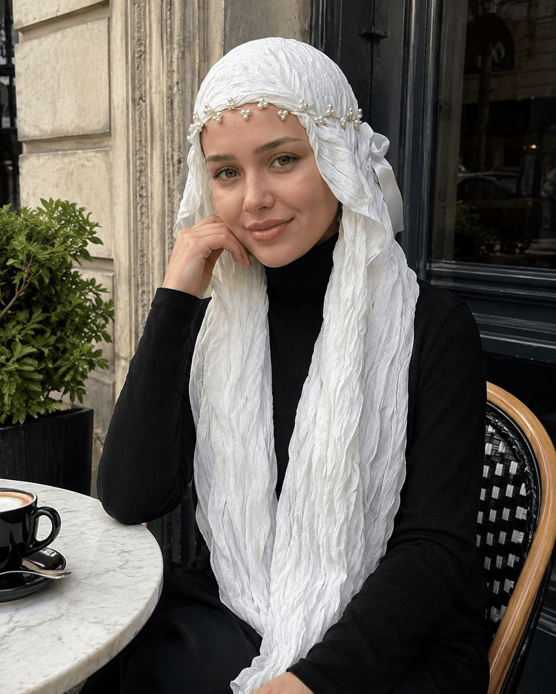 RY316 Cream White Crinkled Tulle Hijab Scarf – Glossy Stretch Breathable Headscarf - Raya