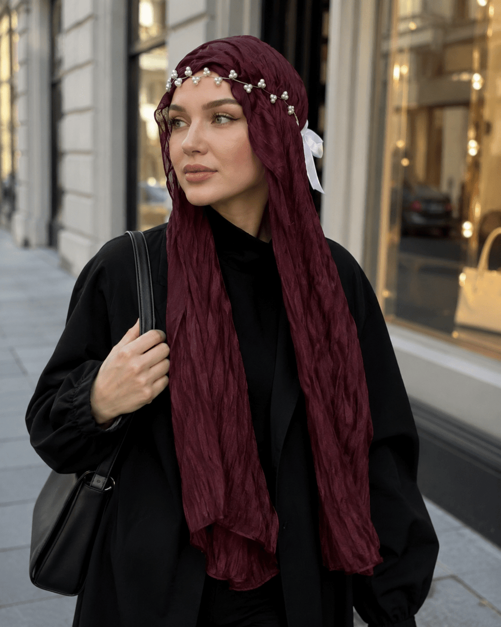 RY317 Deep Jujube Red Crinkled Tulle Hijab Scarf – Glossy Stretch Breathable Headscarf - Raya