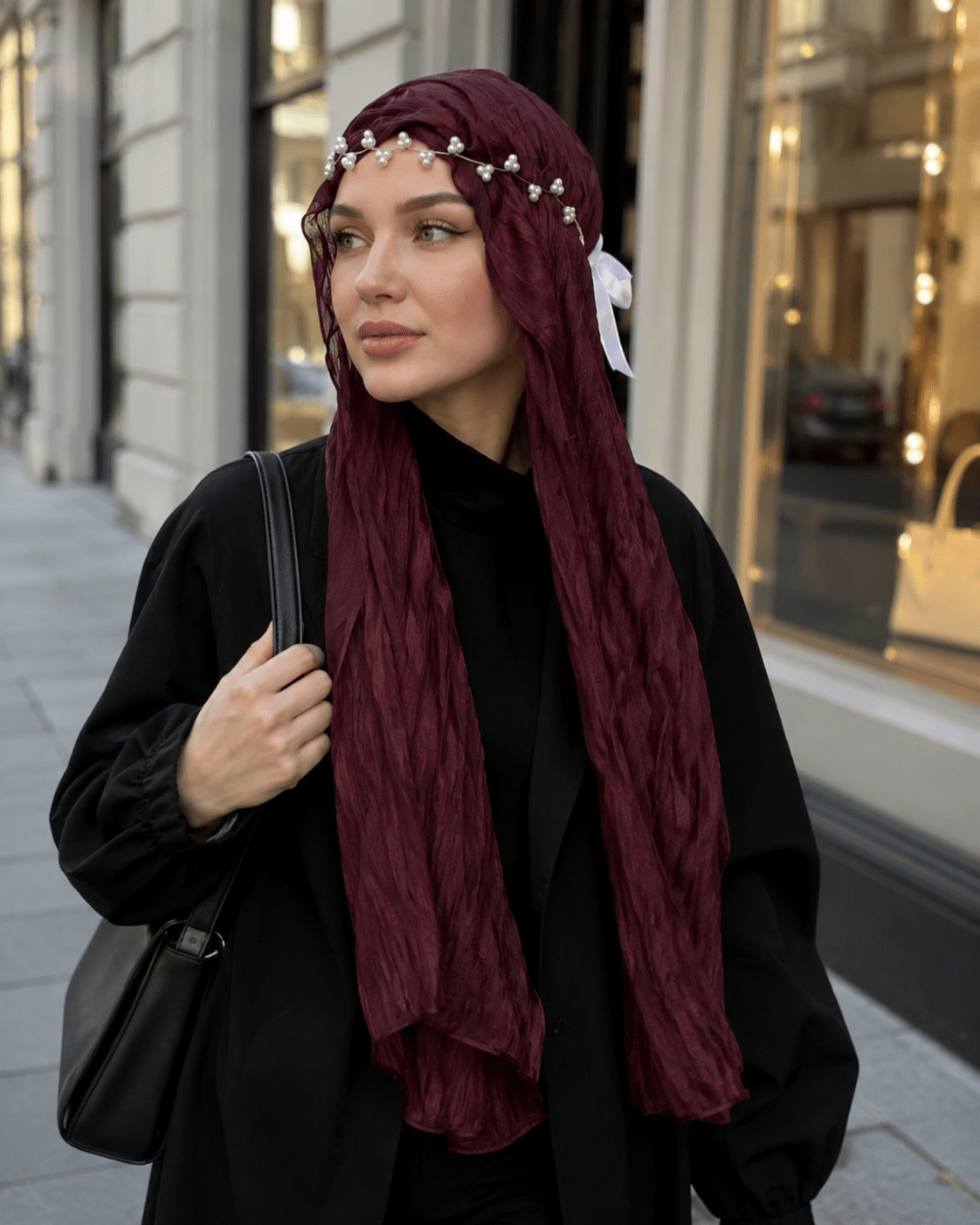 RY317 Deep Jujube Red Crinkled Tulle Hijab Scarf – Glossy Stretch Breathable Headscarf - Raya