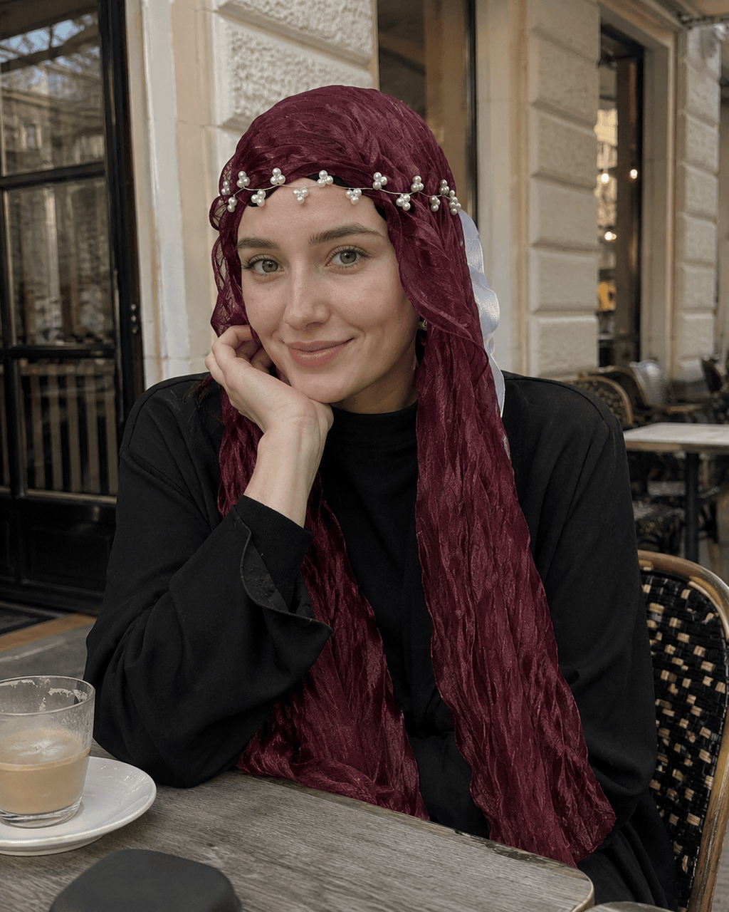 RY317 Deep Jujube Red Crinkled Tulle Hijab Scarf – Glossy Stretch Breathable Headscarf - Raya