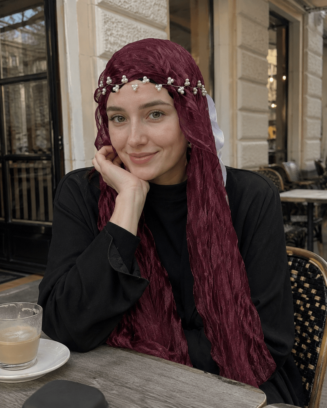 RY317 Deep Jujube Red Crinkled Tulle Hijab Scarf – Glossy Stretch Breathable Headscarf - Raya
