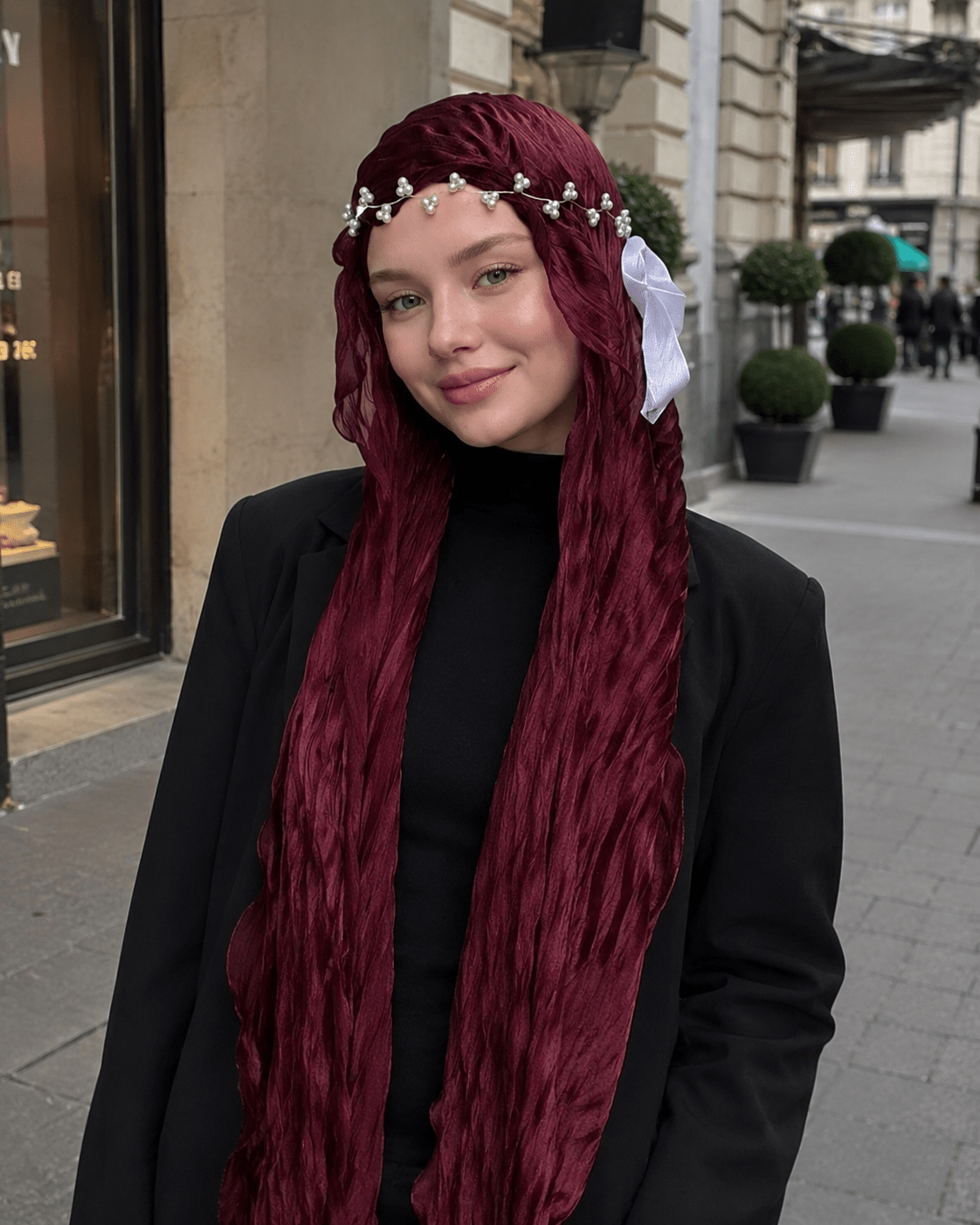 RY317 Deep Jujube Red Crinkled Tulle Hijab Scarf – Glossy Stretch Breathable Headscarf - Raya