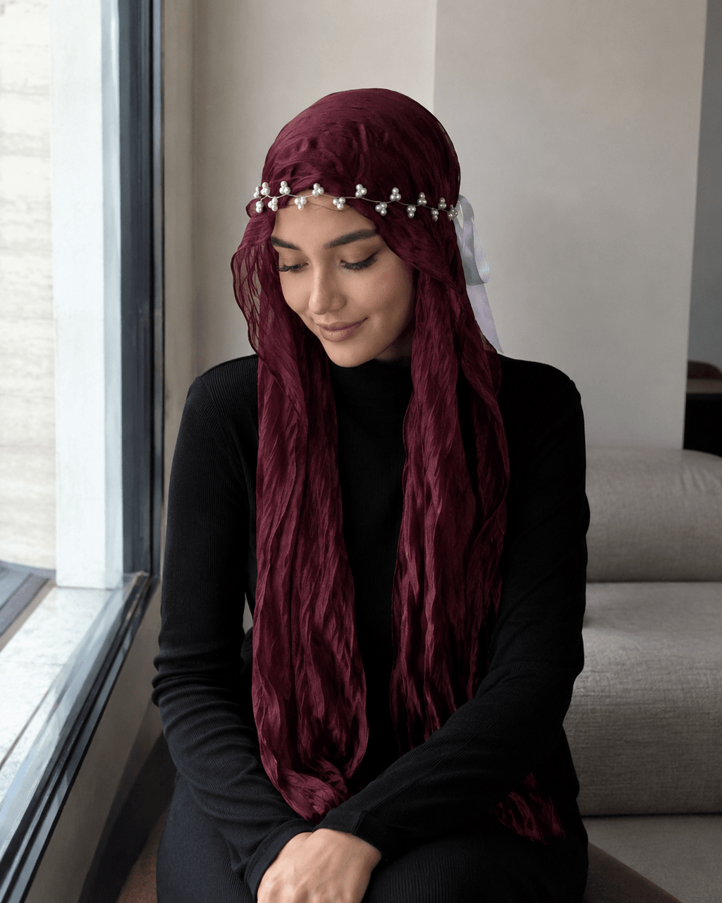 RY317 Deep Jujube Red Crinkled Tulle Hijab Scarf – Glossy Stretch Breathable Headscarf - Raya