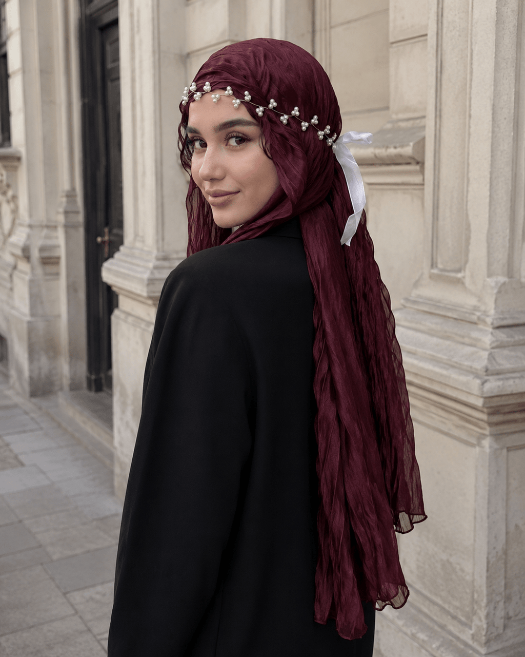 RY317 Deep Jujube Red Crinkled Tulle Hijab Scarf – Glossy Stretch Breathable Headscarf - Raya