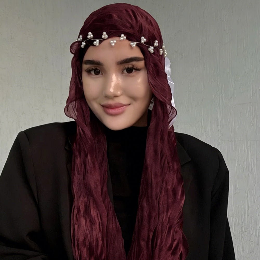 RY317 Deep Jujube Red Crinkled Tulle Hijab Scarf – Glossy Stretch Breathable Headscarf - Raya