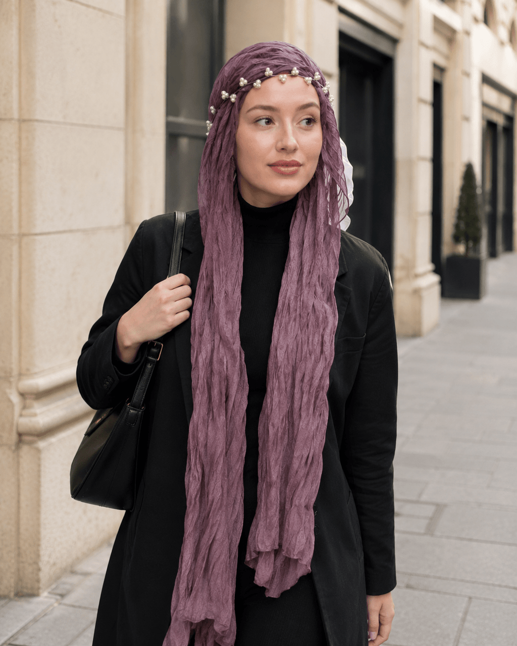 RY318 Mauve Purple Crinkled Tulle Hijab Scarf – Glossy Stretch Breathable Headscarf - Raya