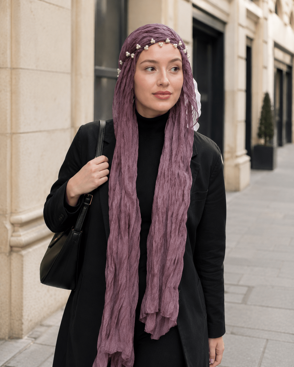 RY318 Mauve Purple Crinkled Tulle Hijab Scarf – Glossy Stretch Breathable Headscarf - Raya