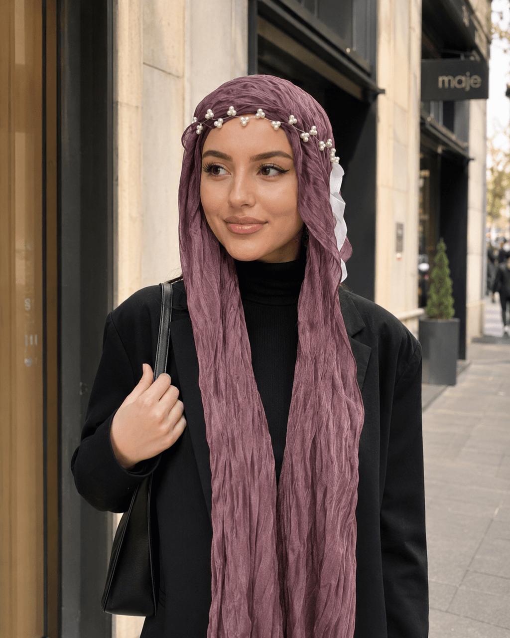 RY318 Mauve Purple Crinkled Tulle Hijab Scarf – Glossy Stretch Breathable Headscarf - Raya
