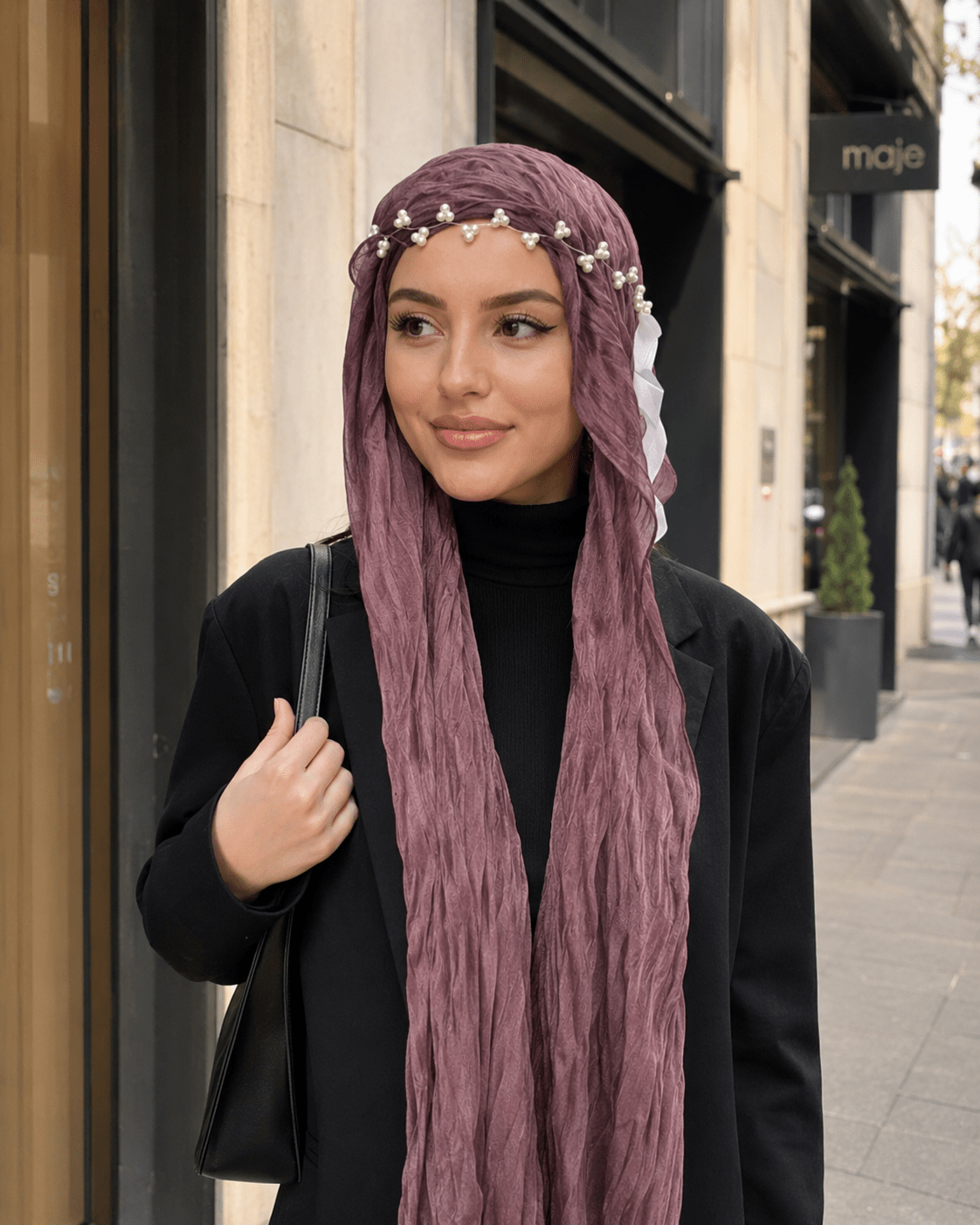 RY318 Mauve Purple Crinkled Tulle Hijab Scarf – Glossy Stretch Breathable Headscarf - Raya