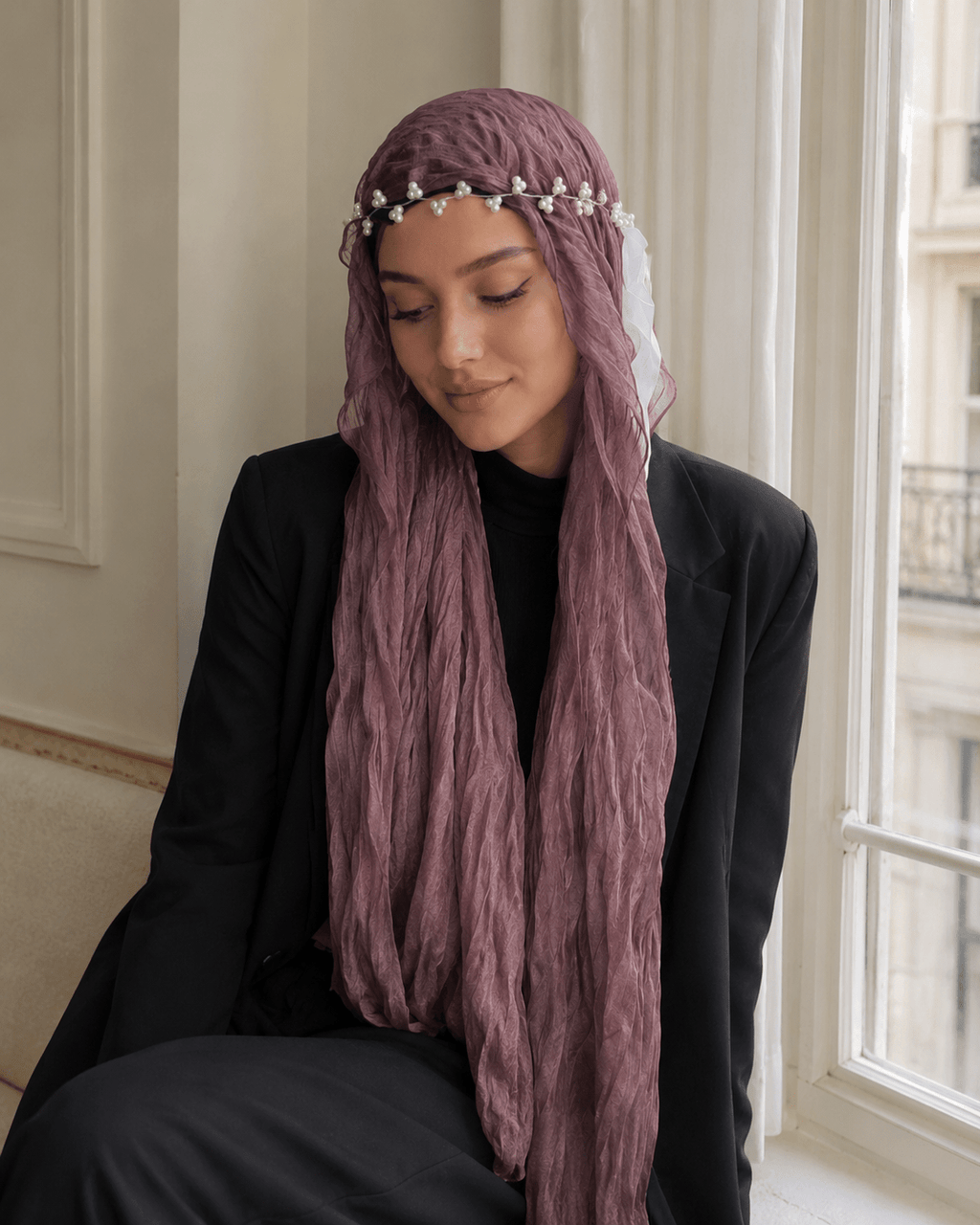 RY318 Mauve Purple Crinkled Tulle Hijab Scarf – Glossy Stretch Breathable Headscarf - Raya