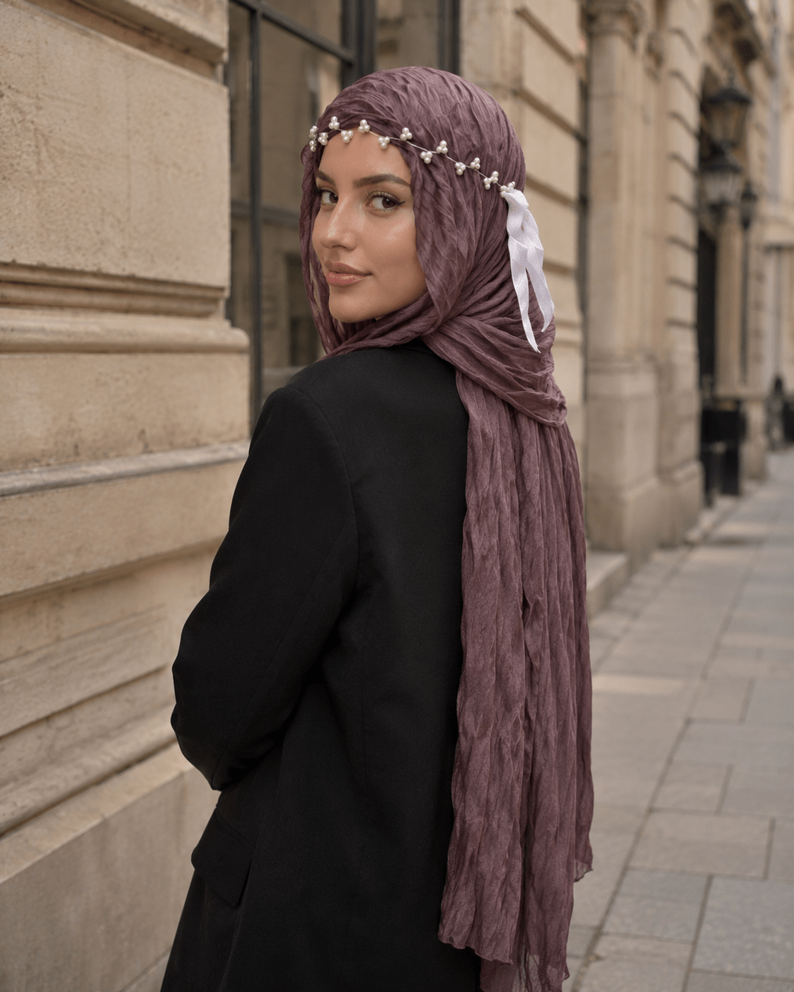 RY318 Mauve Purple Crinkled Tulle Hijab Scarf – Glossy Stretch Breathable Headscarf - Raya